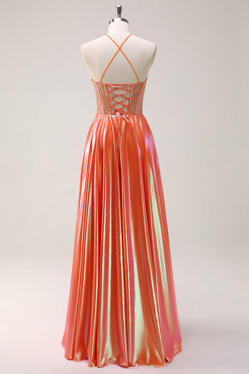 Glitrende orange A-linje halter beaded metallisk lang gallakjole